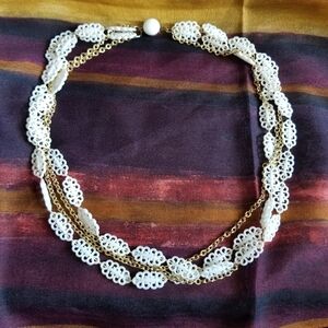 Vintage White Flat Plastic Bead And Goldtone Chain Necklace Made In Japan